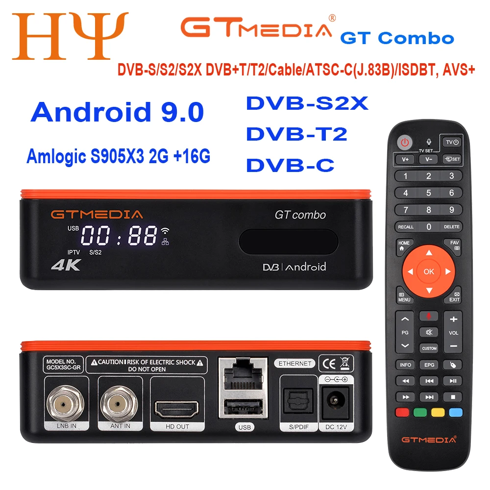 GTMEDIA GT COMBO Android 9.0 TV BOX+DVB-S/S2/S2X,DVB+T/T2/Cable/ATSC-C(J.83B)/ISDBT 4K Android BOX 4:2:2 2+16GB System is GT UI