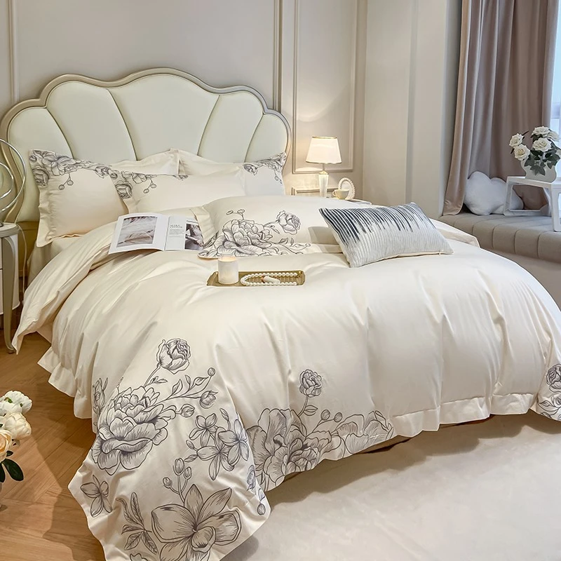 4Pcs Chic Luxury Embroidery 600TC Premium Cotton Bedding Set Double