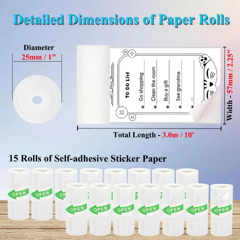 15 Rolls Mini Printer Sticker Paper, Thermal Sticker Paper Self-Adhesive, 57 x 25 mm, Halloween Christmas DIY Stickers for Kids