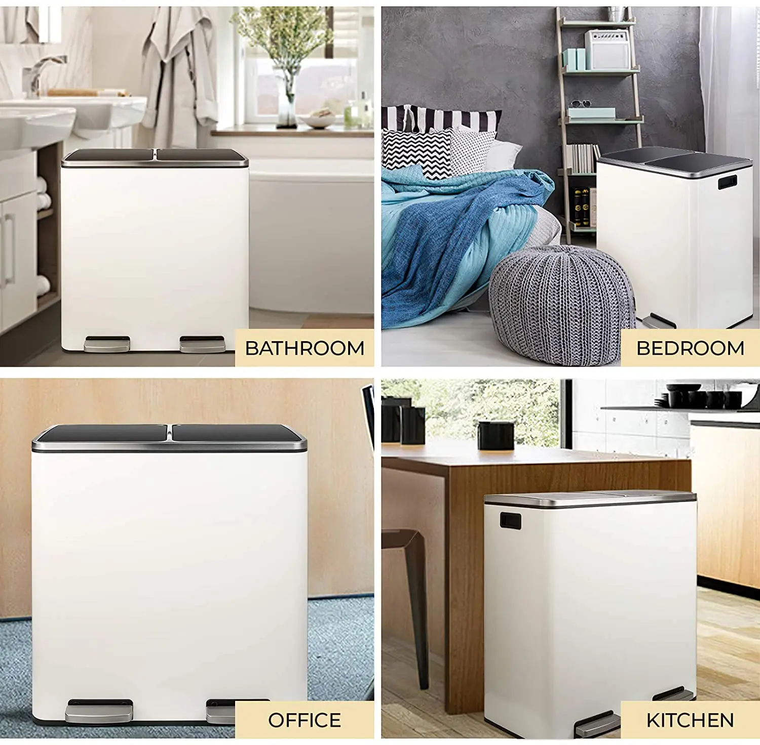 Brushed Stainless Steel 60L/16Gallon Rectangular Hands-Free Dual Compartment Recycling Kitchen Step Trash Can w/ Soft-Close Lid