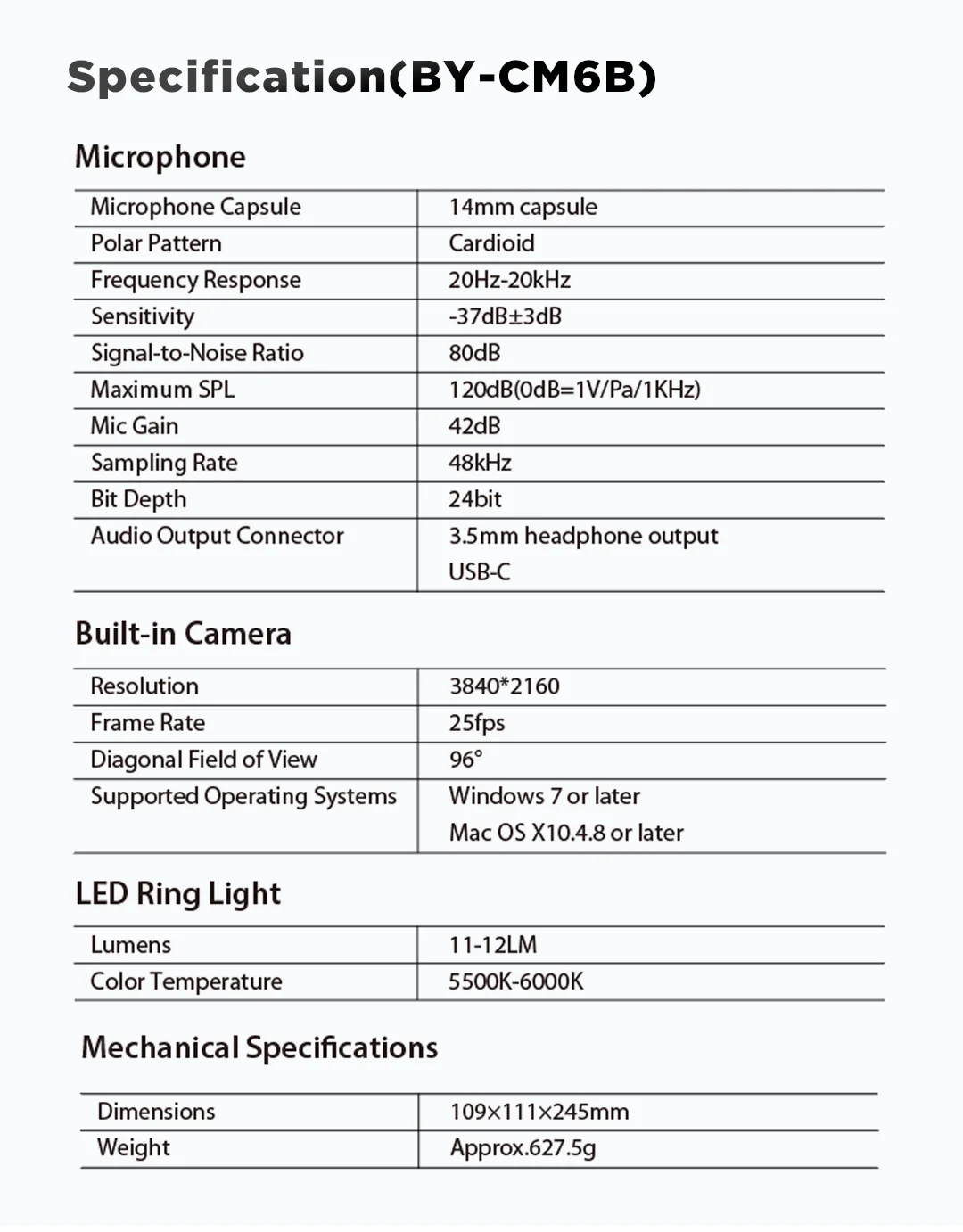 BOYA BY-CM6A/B Professional USB Condenser Microphones with LED Fill Light For PC Computer Singing Streaming Recording Studio