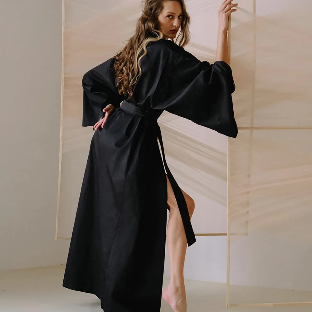 New Solid Long Sleeved Nightgown For Women Casual Loose V-Neck Cardigan Lace-up Cotton Pajama Black Soft Ladies Home Bathrobe