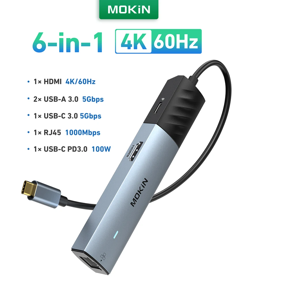 MOKiN USB C HUB Docking Station 4K 60Hz HDMI Adapter Gigabit Ethernet 3*USB 3.0 Ports PD100W For Macbook Air Pro M2 M1 PC laptop