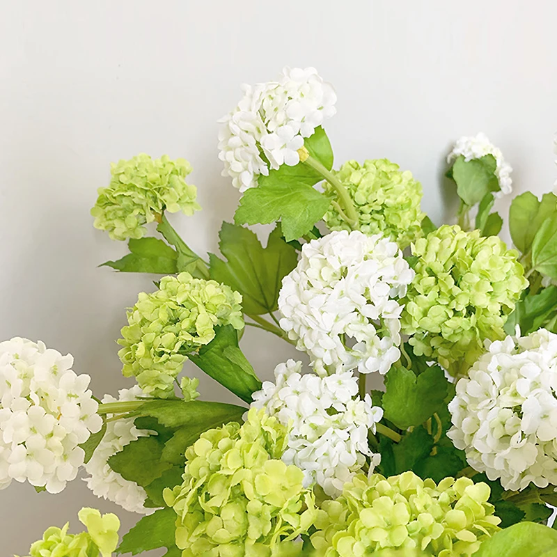 Artificial Flowers Real Touch 3 Heads Small Hydrangea Flowers Branch with Green Leaves Silk for DIY Wedding Home Room Decoratio