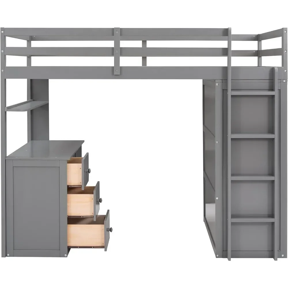 Twin Size Loft Bed Solid Wooden Loft Bed Frame with Drawers,Desk,and Wardrobe & Safety Guardrail for Kids, Boys and,GirlsTeens 4