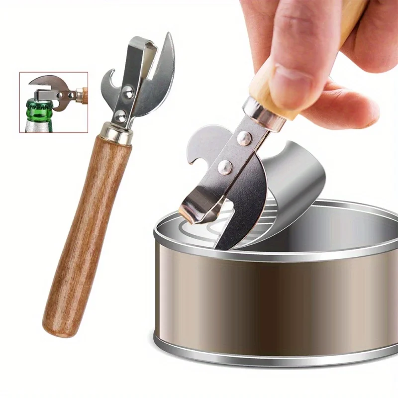 Stainless Steel Manual Can Opener with Wooden Handle Safe for Home