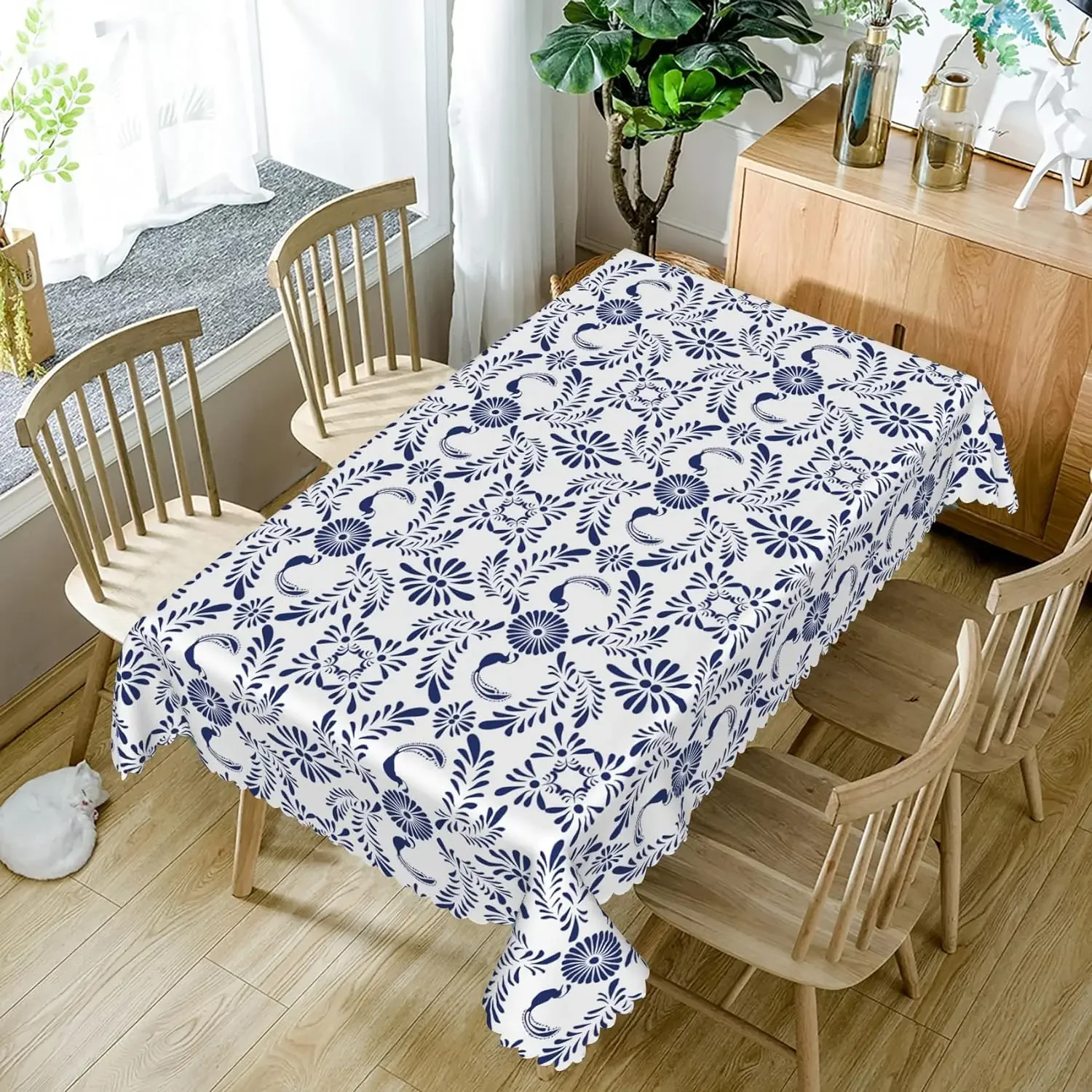 Blue Mexican Floral Birds Rectangle Tablecloth Patchwork Tiles Waterproof Home Party Kitchen Dining Table Cover Decor