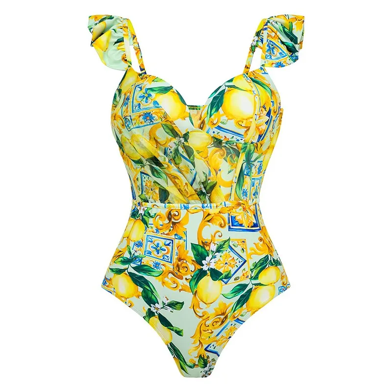 Vintage Print Sexy Women One Piece Swimsuit Thong Bather Bathing Suit Monokini Swimming Suits Beach Skirt Resort Swimsuit Set