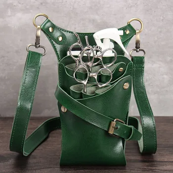 미용사 크로스 바디 가위 가방, 미용 애완 동물 가위 홀스터, 이발사 파우치 가위, 도구 케이스 살롱 PU 가죽 스트랩, 녹색