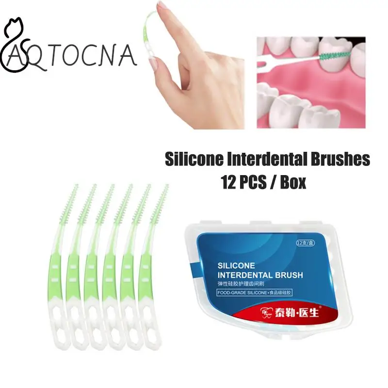 

12Pcs/Box Silicone Interdental Brushes Toothpicks Brushes Between Teeth Silicone Toothpicks With Thread Oral Cleaning Tools