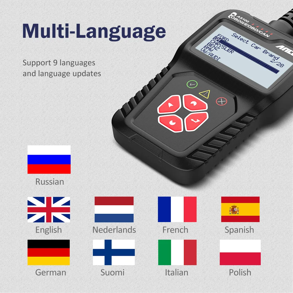 Ancel AS100 Car Diagnostic Tool Multilingual Code Reader OBD 2 Automotive Scanner OBD2 Scanner PK ELM327 For Citroen Renault BMW 5