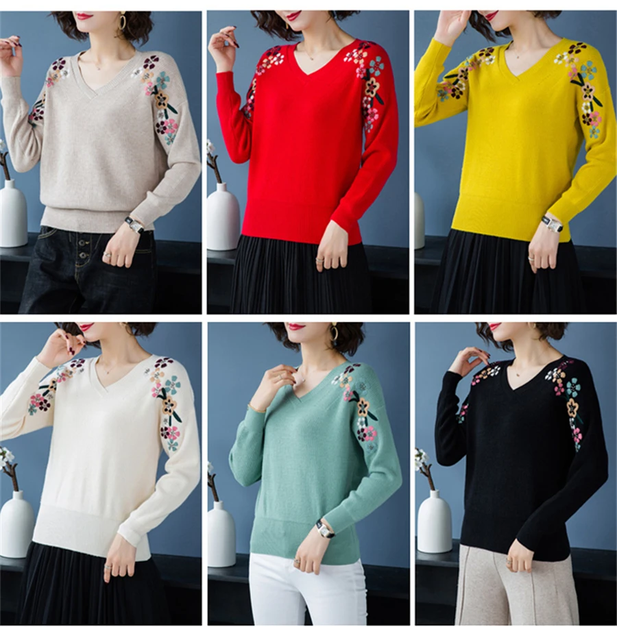 Slim V-Neck Flower Embroidery knitted Pullovers For Women Fashion spring Elastic Sweaters Large Size Casual Knitwear Tops Femme