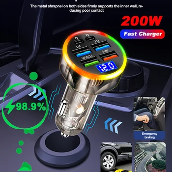 Caricabatteria da auto da 200 W Caricatore per telefono da auto multiporta con ricarica super veloce con display digitale per IPhone 15 14 13 12 Xiaomi Samsung