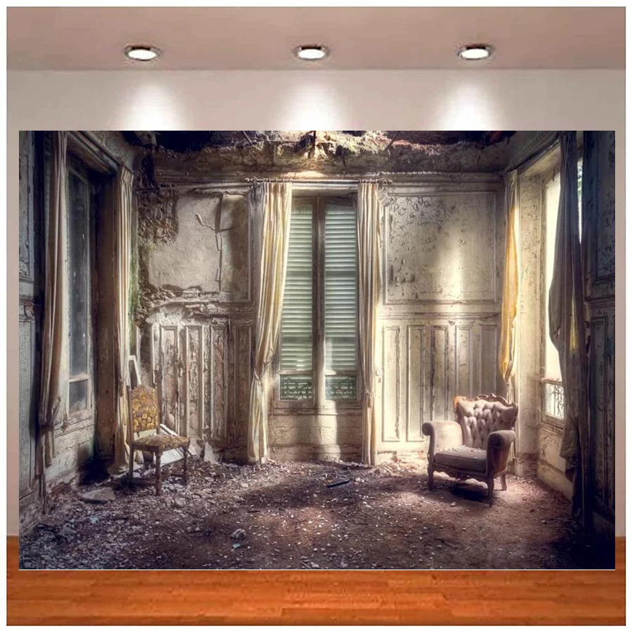 

Потертый дом фон для фотосъемки интерьер Старое кресло оконные шторы отказанное здание руины виллы портреты для взрослых фотобудка