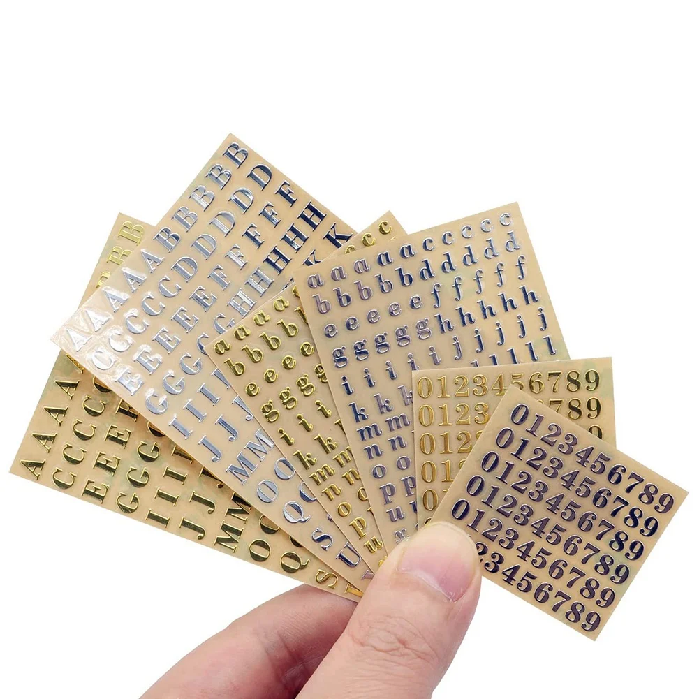 6 Blatt kleine 0,18 Zoll Alphabet Nummer Aufkleber Glitzer Legierung selbst klebende Buchstaben Aufkleber Gold/Silber (4,5mm)
