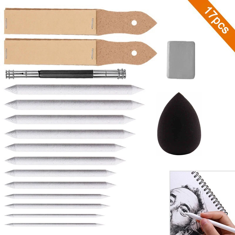 Blending Stump Paper Tortillon Set with 2 Sandpaper 1 Pencil Extender 1 Eraser 1 Water Sponge for Artist Sketch Drawing Kit