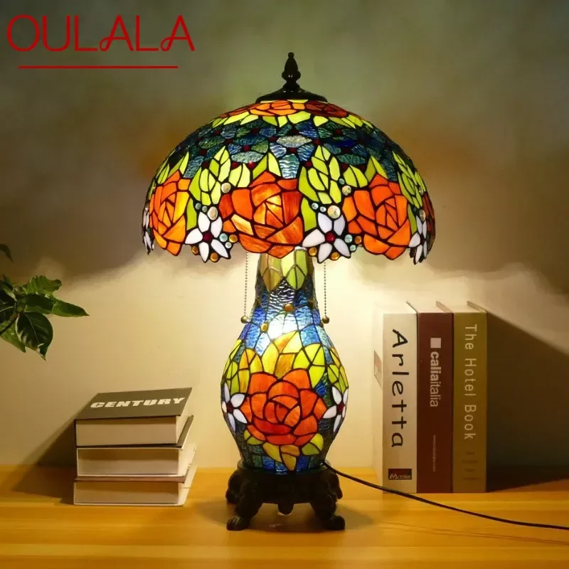 

OULALA Tiffany Table Lamp American Retro Living Room Bedroom Lamp Luxurious Villa Hotel Stained Glass Desk Lamp