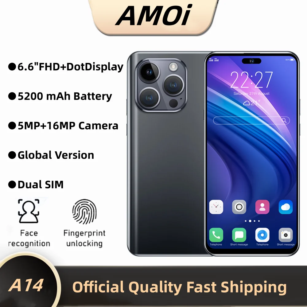 

Amoi A14 Smartphone 2GB+16GB 6.6" HD Screen 5200mAh Long Endurance Phone 5MP+16MP Camera Expandable memory +Dual SIM Cell Phones