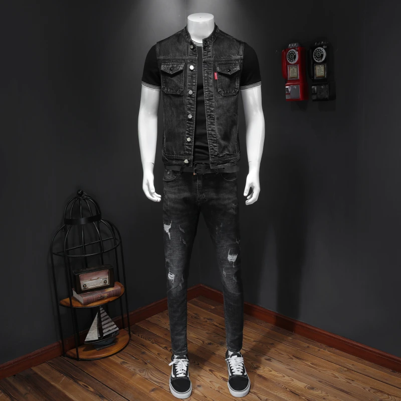 2024 High Quality Fall on The New Fashion Handsome Trend Everything Black Stand Collar Large Size Cowboy Vest Man   Vest for Men 3