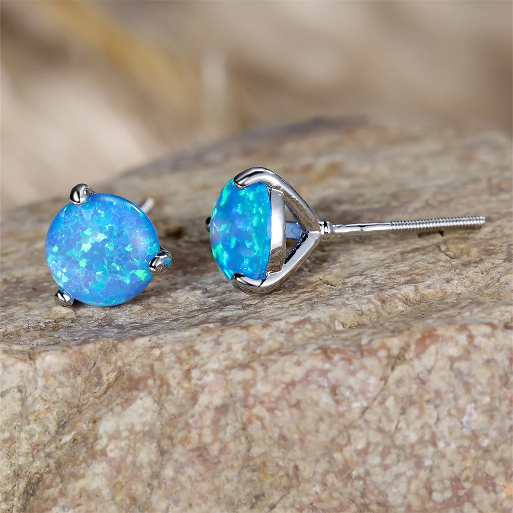 Blue Opal Small Round Stone Stud Earring Trendy 3 Claw Screw Back Earrings For Women Classic Silver Color Wedding Jewelry Gifts
