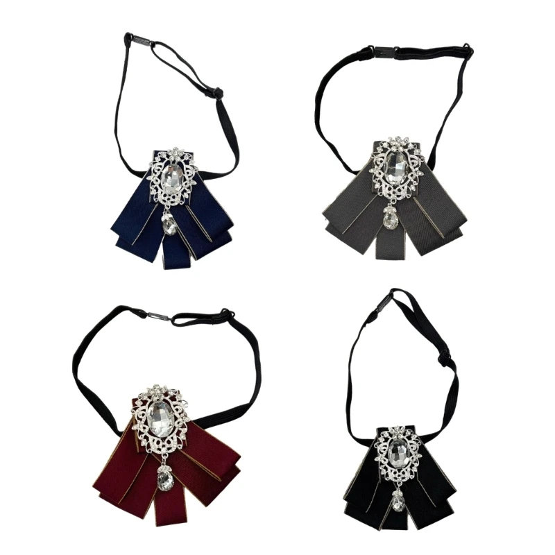 

Women Girls Bow Tie Faux Diamond Pendant Brooch Pin Shirt Pre-Tied Jabot Collar