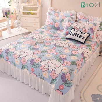 Korean Quiltied Mattress Cover Washed Cotton Embroidery Ruffle Lace Bedspread Side Coverlet Thicken Bed Linen Home Decor 1Pc
