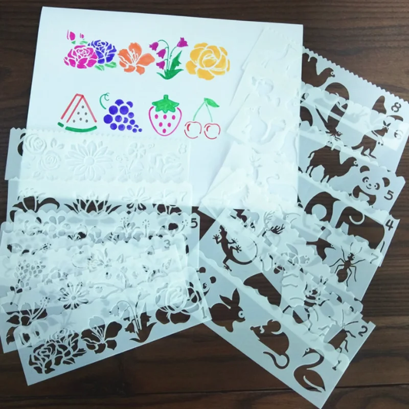 

8 Sheets/set Painting Template Alphabet Animal Hand Account Hollow Lace Ruler Children's Diy Coloring Stencils Long Strip Ruler