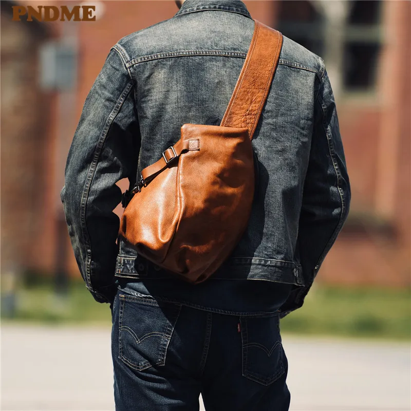 PNDME vintage natural crazy horse cowhide men's small chest bag outdoor  daily casual genuine leather motorcycle messenger bag - AliExpress