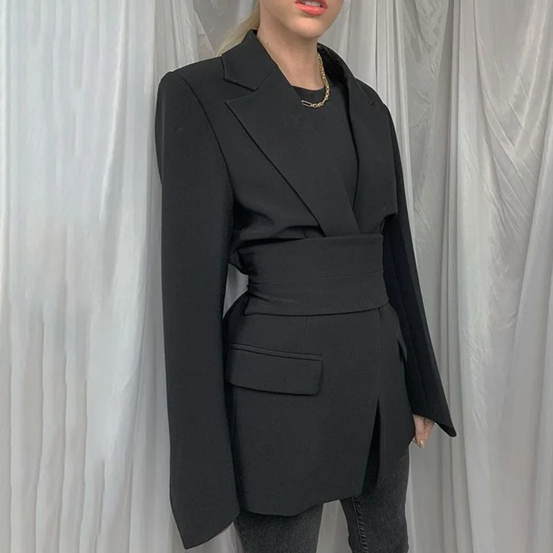 Women's Spring 2023 Fashion Blazer Slim Fit Business Blazer and New Tie Waist Jacket Retro Khaki Black Ladies Cardigan Tops