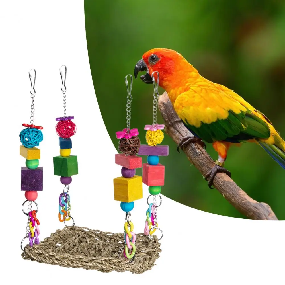 1Pc Bird Hammock Durable Wooden Grinding Mouth Chewing Toy Multi-functional Colorful Parrot Swing Climbing Toy Pet Supplies