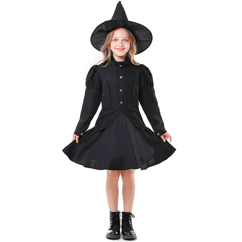 Kids Halloween Evil Witch Costume Black Magic Girl Anime Cartoon Alice Witch Cosplay Dress