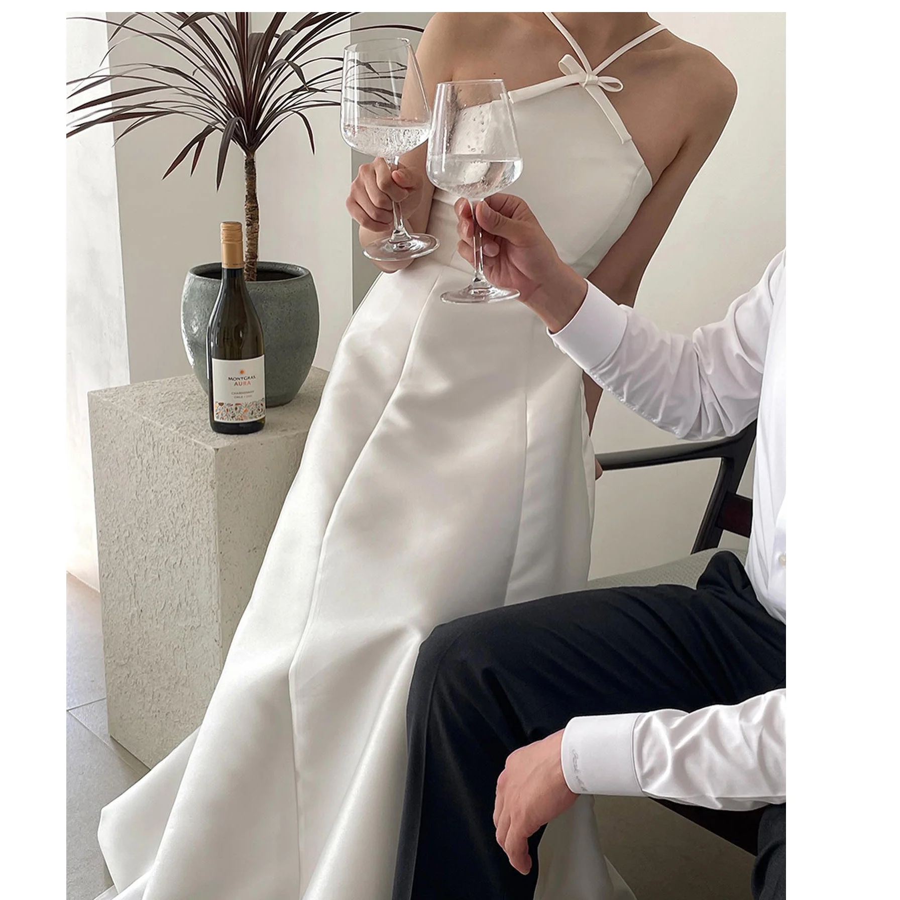 

GIOIO Halter Korea Garden Evening Dresses White Pleat Sleeveless Formal 프롬드레스 Floor Length Elegant Prom Grown Party Women Bride