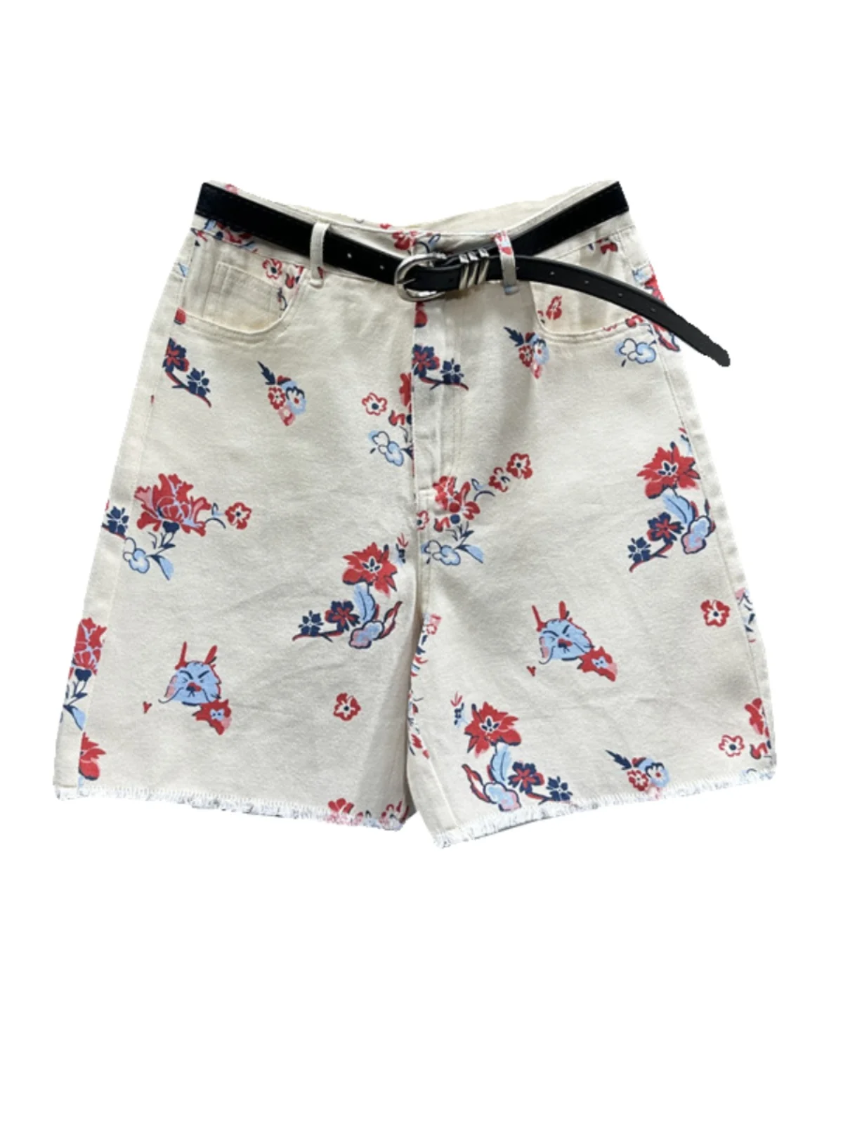 Wide Leg Straight Jean Middle Pants for Women 2024 Spring and Summer New Woman Loose Slimming Printed Denim High Waisted Shorts
