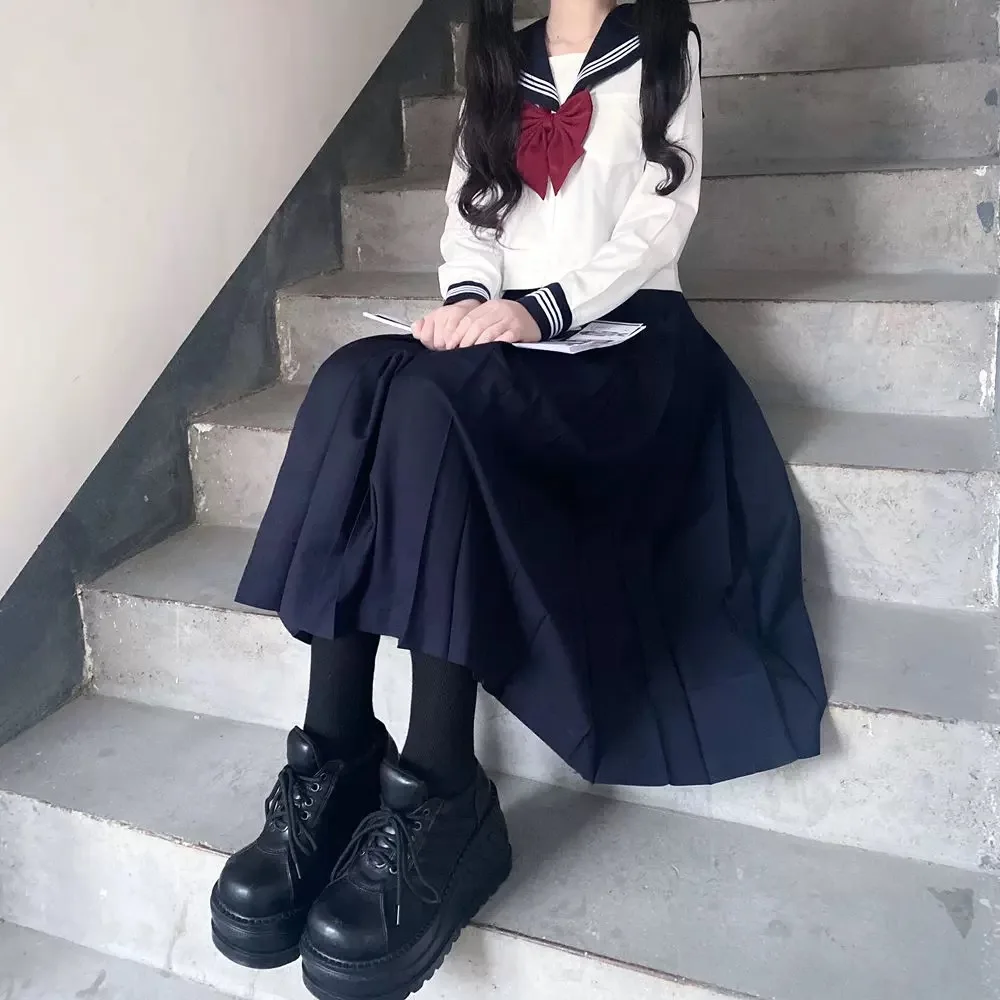 Japanese school uniform girls plus size Jk suit red tie white three basic sailor uniform women's long skirt suit Japanese school uniform japanese schoolgirl skirt