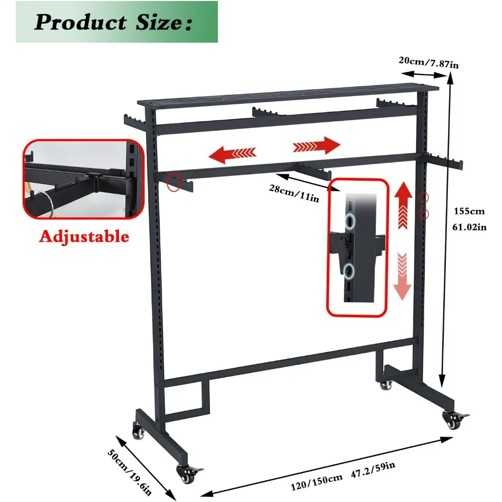 Adjustable 8-Arm Garment Rack with Rolling Wheels and Double Rod Display Shelf