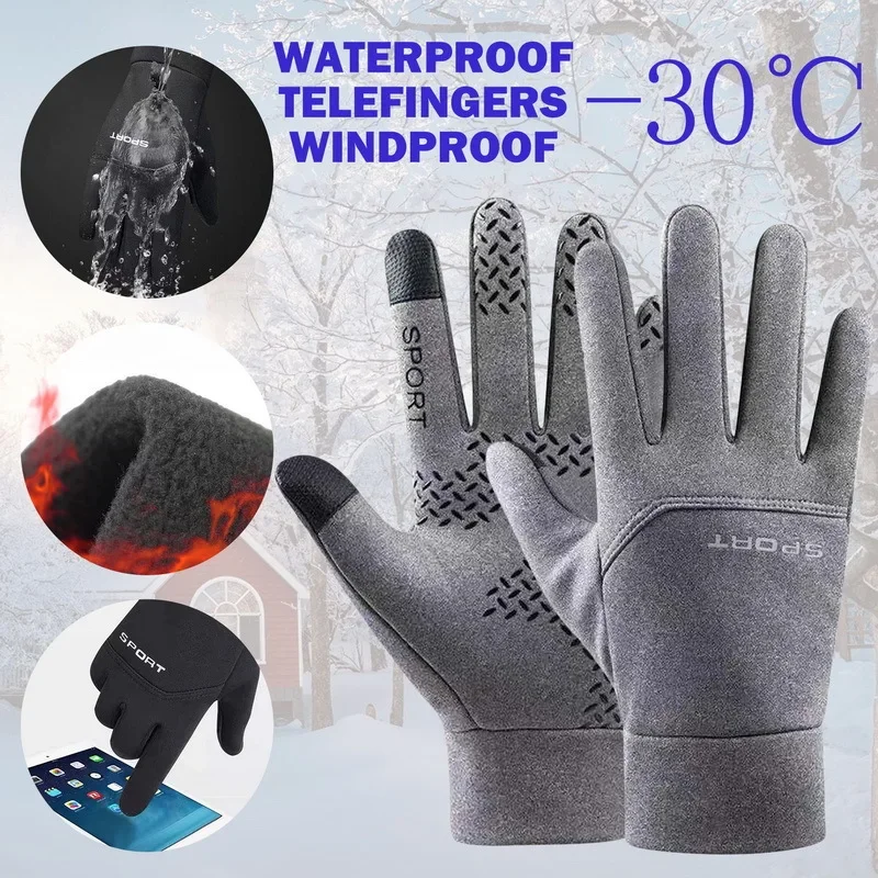 1 Pair Winter Cycling Gloves Men Waterproof Windproof Outdoor Fishing Motorcycle Thermal Touch Anti-Slip Fleece Ski Sport Gloves 2
