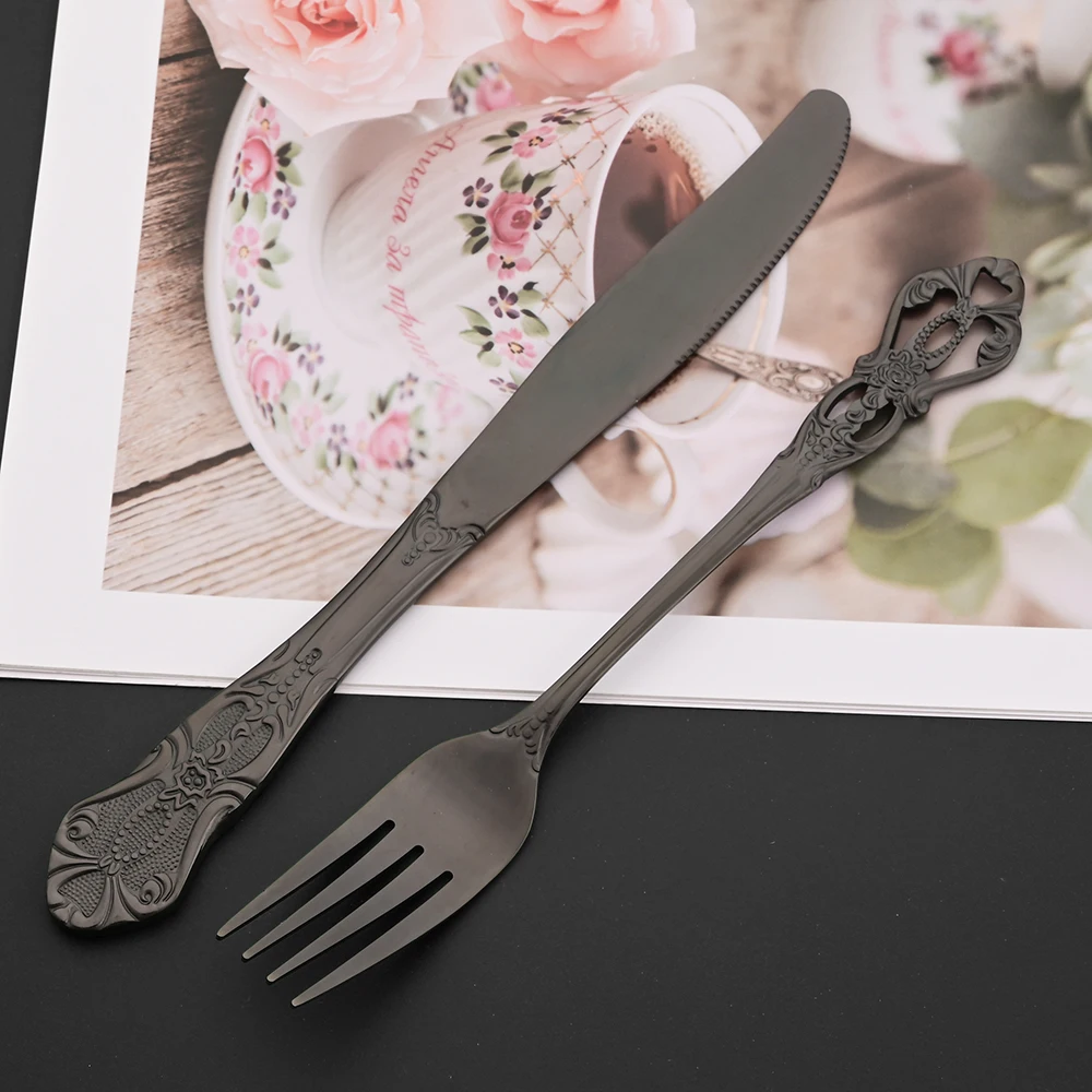 Western Black Stainless Steel Royal Dinnerware Cutlery Set Dinnerware Food Tableware Knife Fork Spoon Ice Spoon Flatware Gift