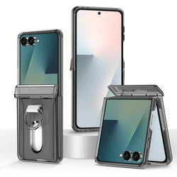 Luxury Slim Wallet Clip Phone Case with Card Slot and Finger Ring - Shockproof Cover - Galaxy Z Flip5 (Black Clear)