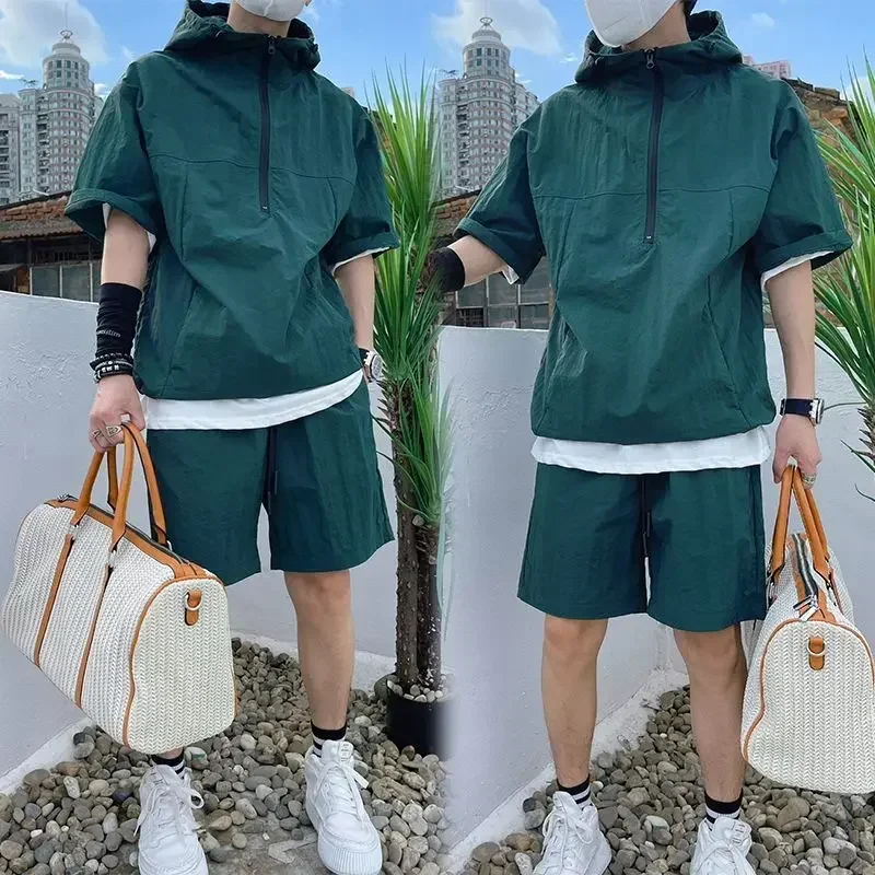 Sweater Set Summer Cargo Style Men's Casual Hooded Solid Short Sleeve T-shirt Shorts Loose Fashion