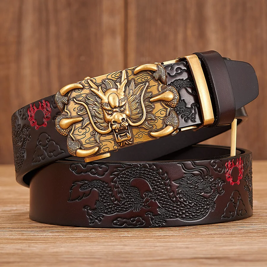 Male Genuine Leather Belts Casual Ratchet Belt with Automatic Buckle Luxury Design Dragon Pattern Belts for Business Men Strap