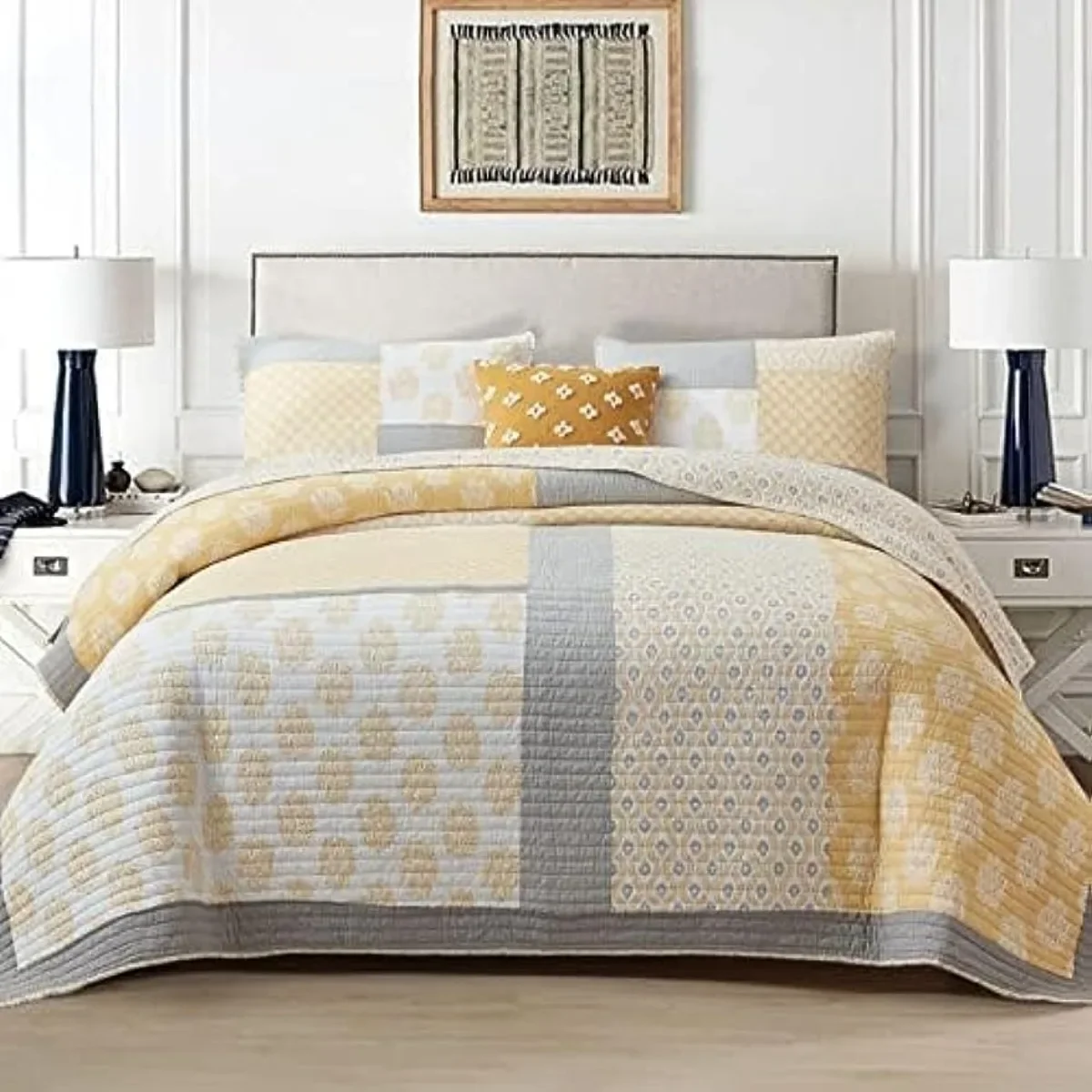 100% Cotton Lightweight Queen Quilt Set, Yellow Grey White Reversible Soft Queen Quilt Bedding Set All Season, 3 Pieces