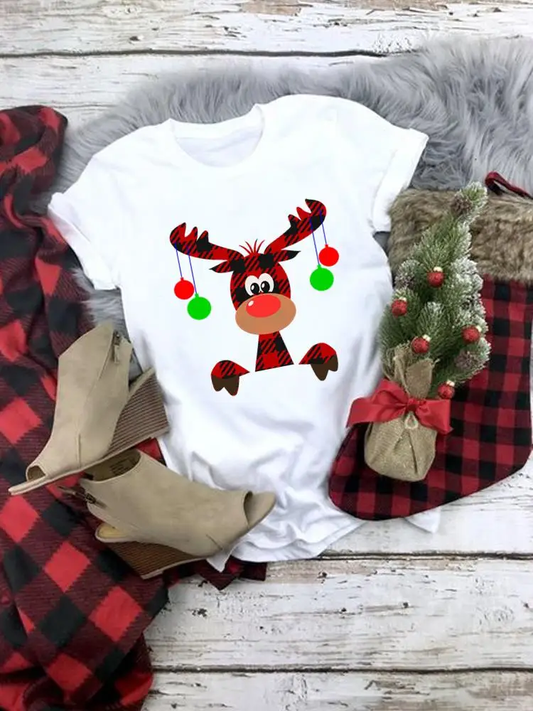 

Plaid Deer Style Cute Clothing Women Top New Year Female Clothes Fashion Christmas Tee T Shirt Printed Graphic T-shirts