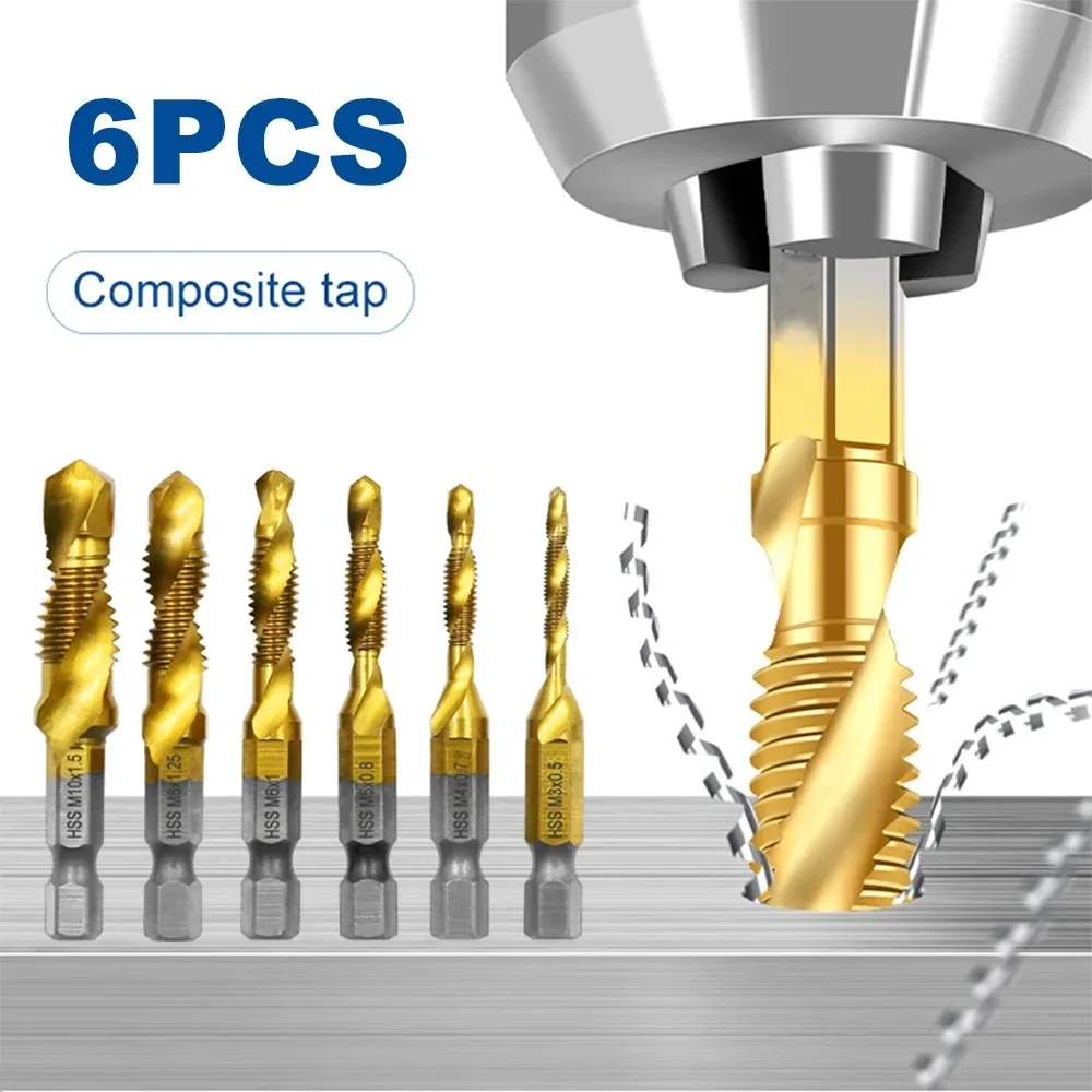 Multi Functional HSS Drilling Tapping Integrated Spiral Tap Hand-held Electric Drill Tap Tool Chamfer Machine Composite 6pcs