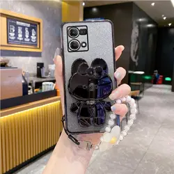 Flower Strap Mirror Rabbit Phone Holder Case with Stand Cover for Reno 9 Pro Plus (Black)