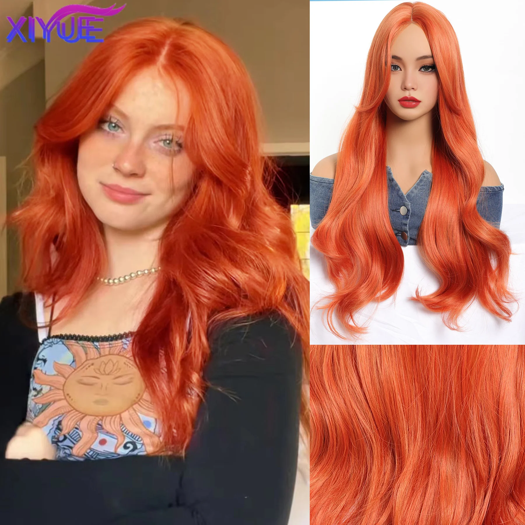 XYwater wave orange synthetic wig women's wavy natural wig role-playing party wig heat-resistant Lace Front Wigs synthetic wig