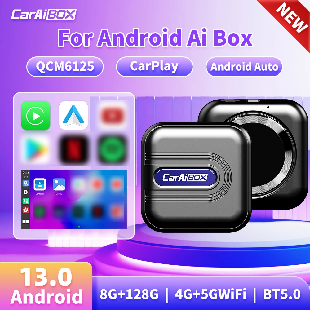 

CarAiBOX CarPlay Ai Box Wireless CarPlay Qualcomm 6125 8-Core CPU Android 13.0 System Android auto Built-in Play Store Newest