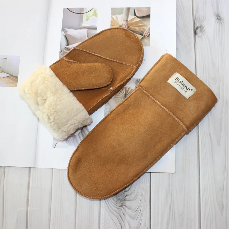 New Winter Warm Women's Sheepskin Gloves Thickened Wool Lined Solid Finger Leather Gloves