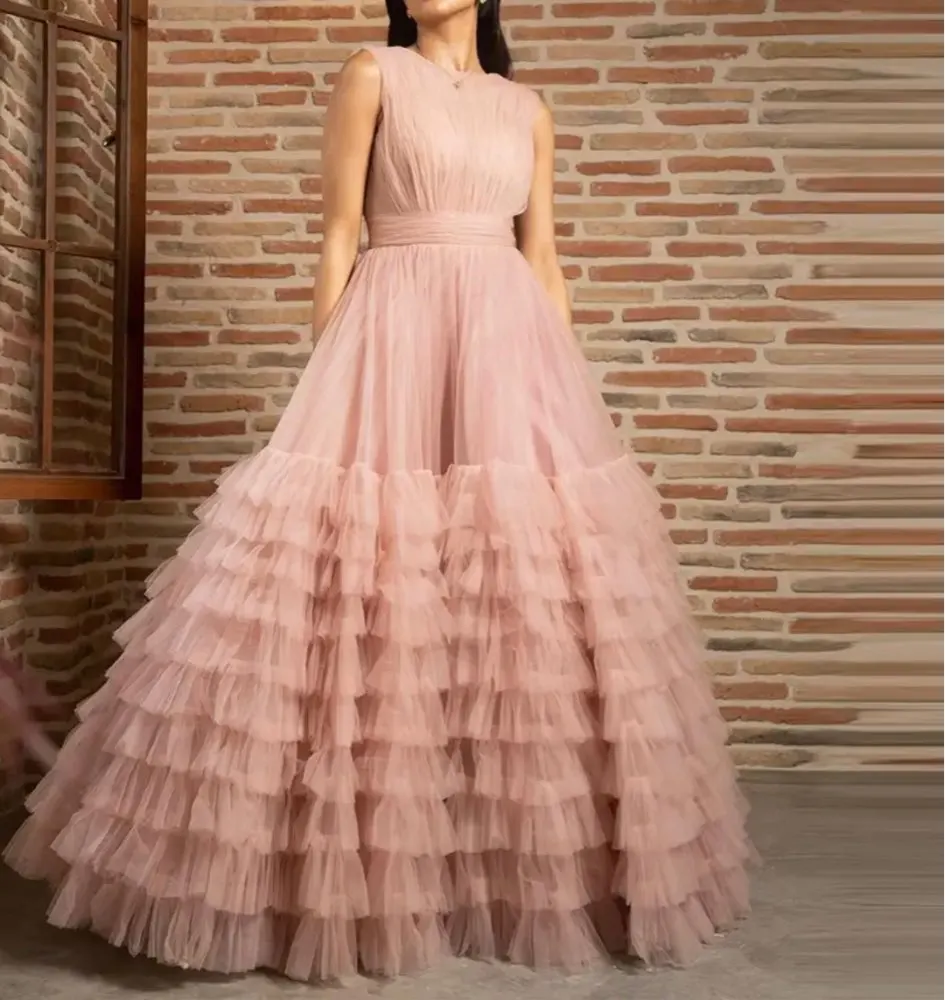 

O Neck Sleeveless Tulle Prom Dress Floor-Length Sleeveless A Line Party GownVestido De Gala Custom For Women DZ81