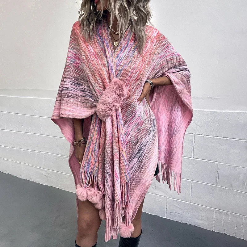 

Women Elegant Shawl Cape Coat Irregular Kintting Tassels Cloak Sweater Loose Pullovers Oversized Pancho Femme 2023 Pink Coat