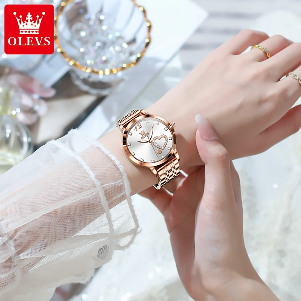 Luxury Stainless Steel Ladies Wristwatch Diamond Love Heart Design Water Resistance Luminous Woman Watch Box Set Gift for Women